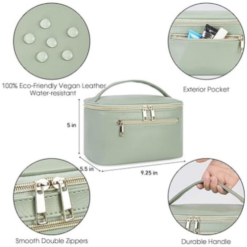 Structured travel vanity pouch exterior with front pocket, double zippers, mint green