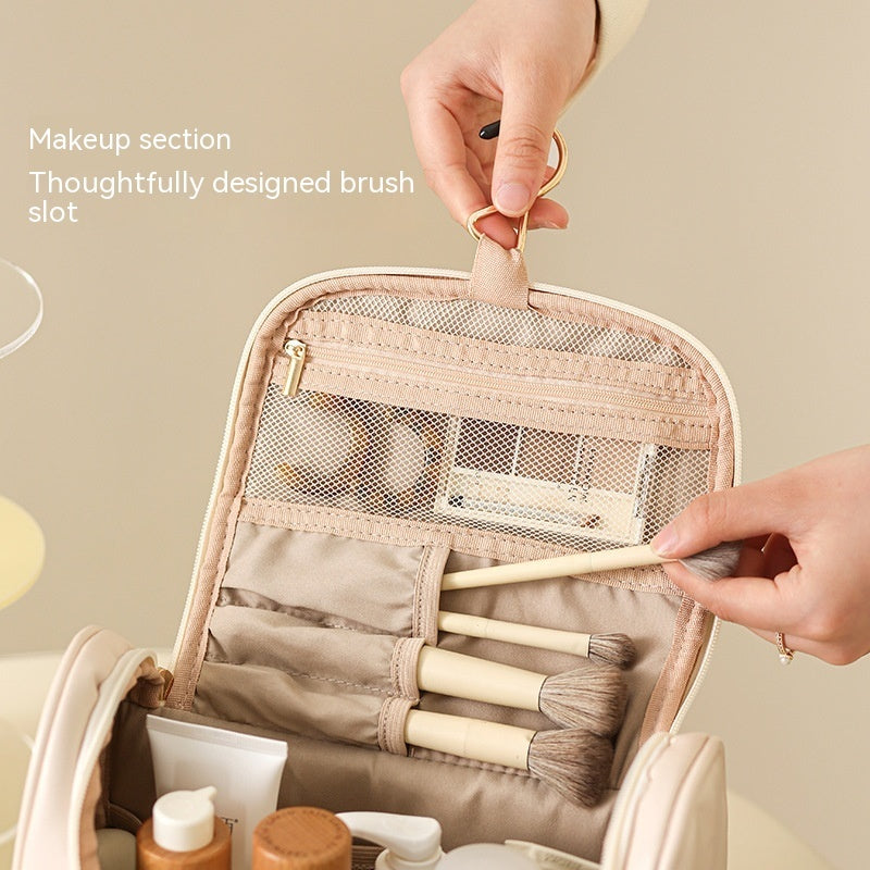 Milky white vanity bag, open top with brush slots and mesh pouch