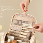 Milky white vanity bag, open top with brush slots and mesh pouch
