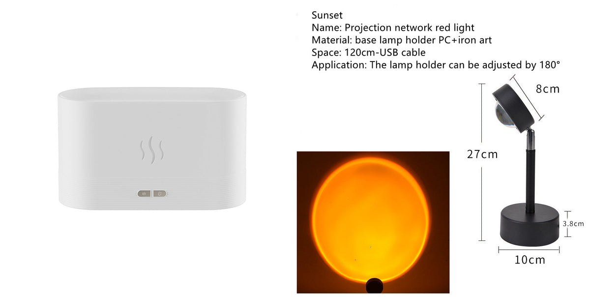 White flame mist diffuser with size diagram and projected light