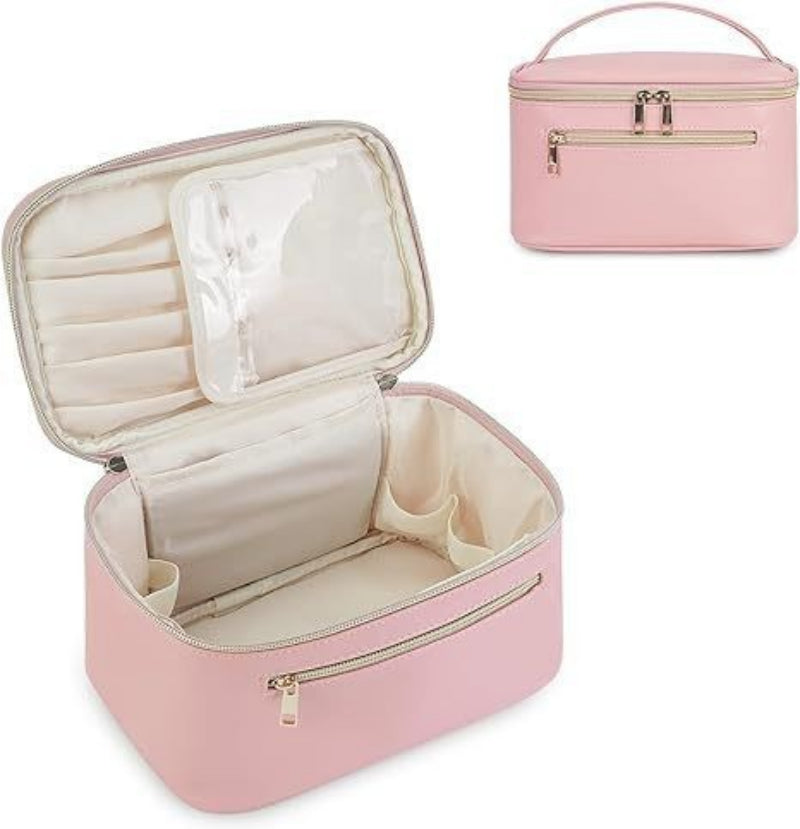 Structured travel vanity pouch in pink, open with interior pockets, zip closure and handle