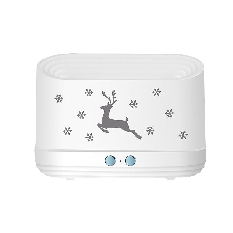 Ivory white sculptural elk diffuser with snowflake decals and two blue control buttons
