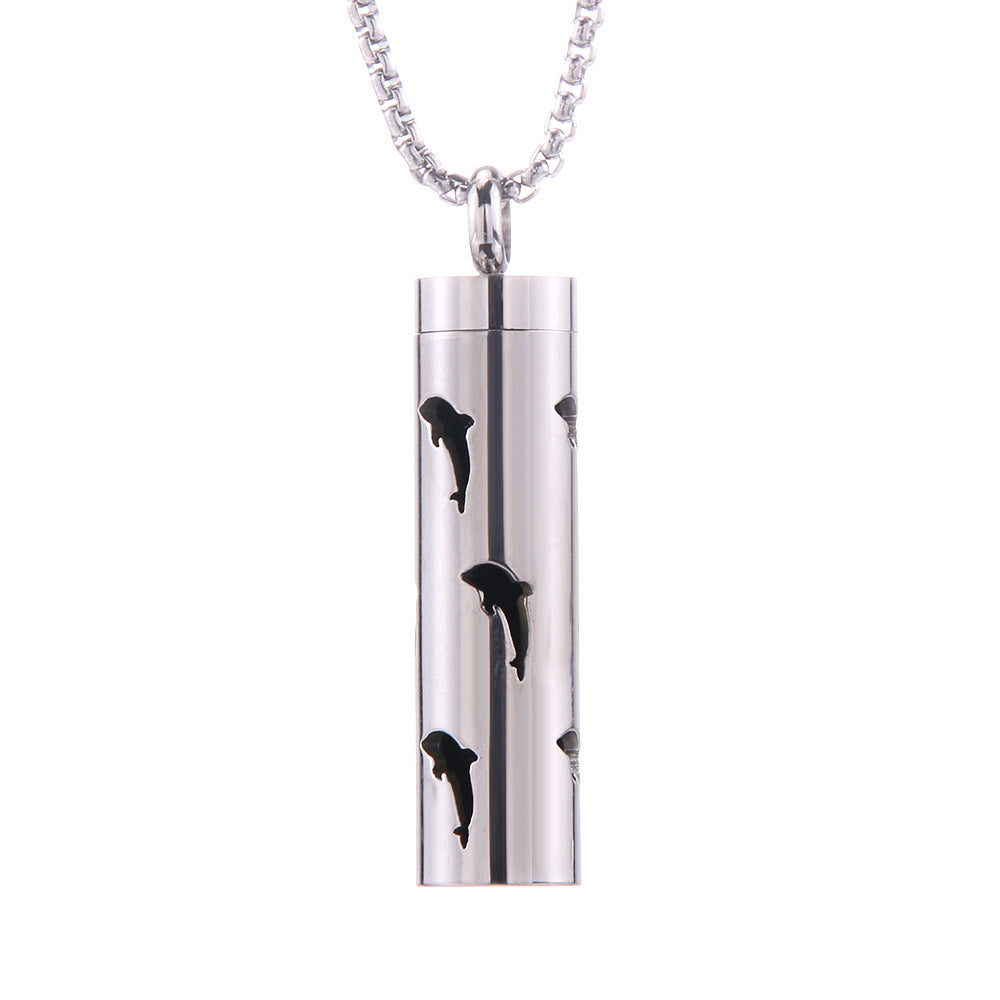 Aroma pendant, silver cylinder with black silhouette motif