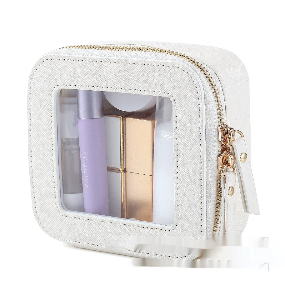 White clear travel cosmetic pouch with gold zipper and stitched clear window