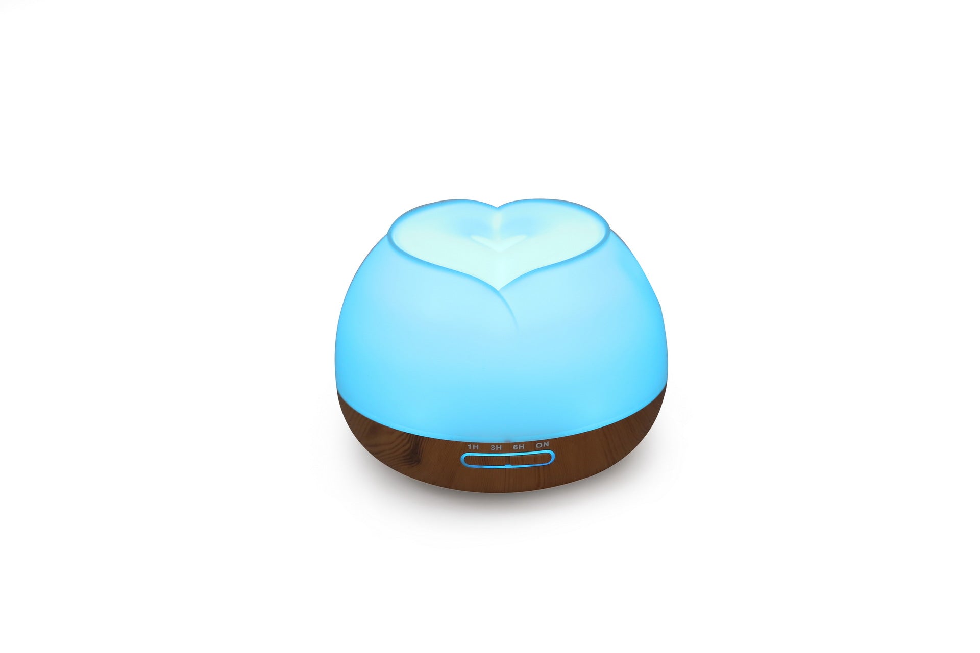 Wood grain aroma diffuser with blue glowing heart and control button strip
