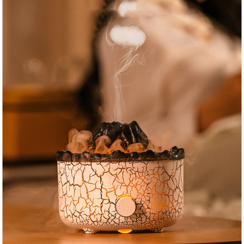 Lava volcano jellyfish diffuser with crackle pattern, glowing orange, rising mist