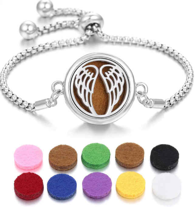 Silver tone aroma bracelet with two-feather emblem charm and aroma pads