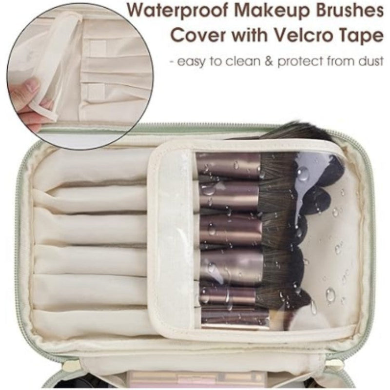 Structured travel vanity pouch with clear brush compartment and water-resistant interior, mint