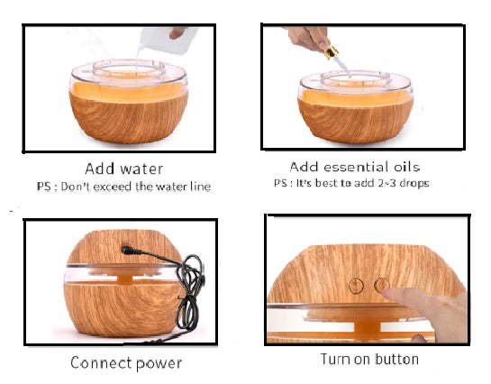 Wood essential oil diffuser with clear top, showing fill with water and oils