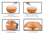 Wood essential oil diffuser with clear top, showing fill with water and oils
