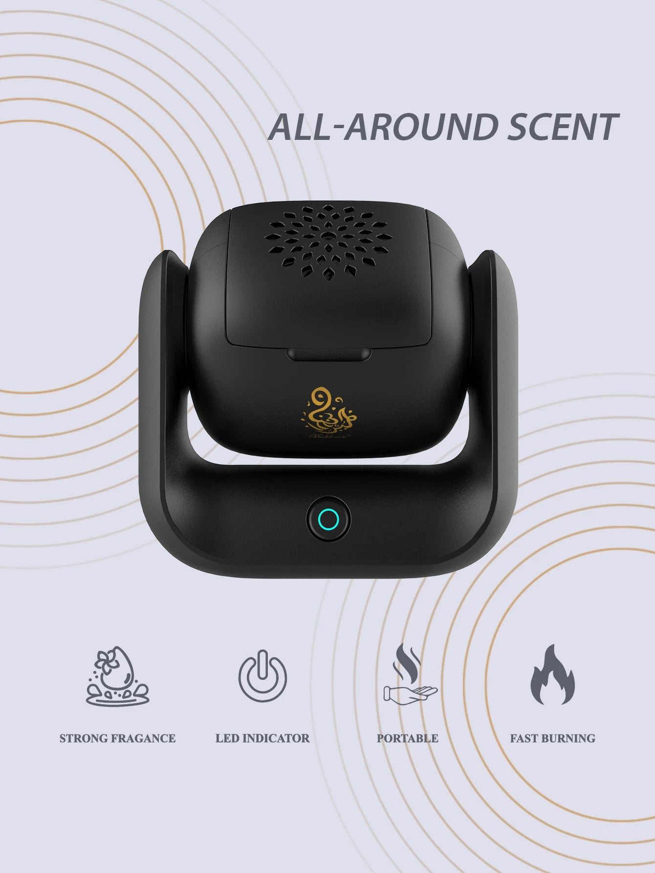 Black rotational incense burner with LED button and top air vents