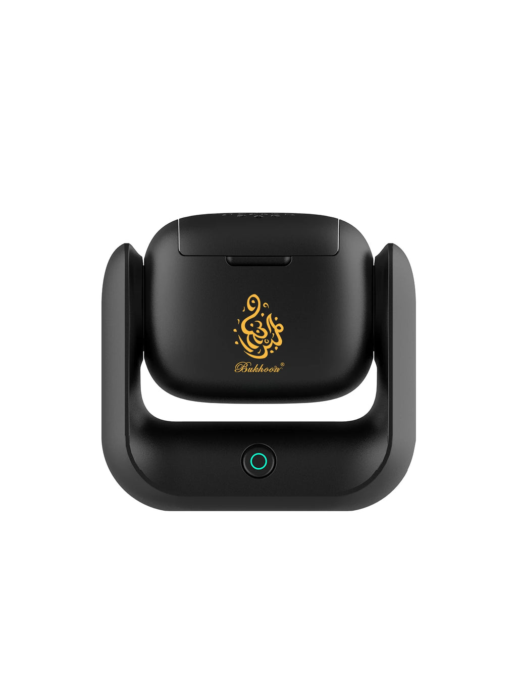 Black rotational bakhoor burner front view with glowing LED ring