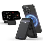 MagSafe wallet stand with dark card pocket and adjustable foldable phone support