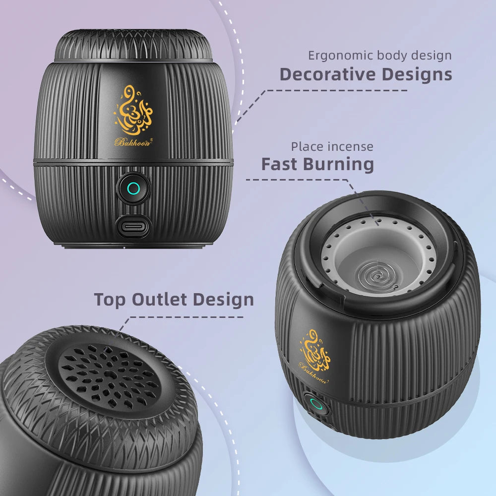 Schwarzer USB-Bakhoor-Brenner, runde Top-Lüftung und LED-Ring auf der Vorderseite