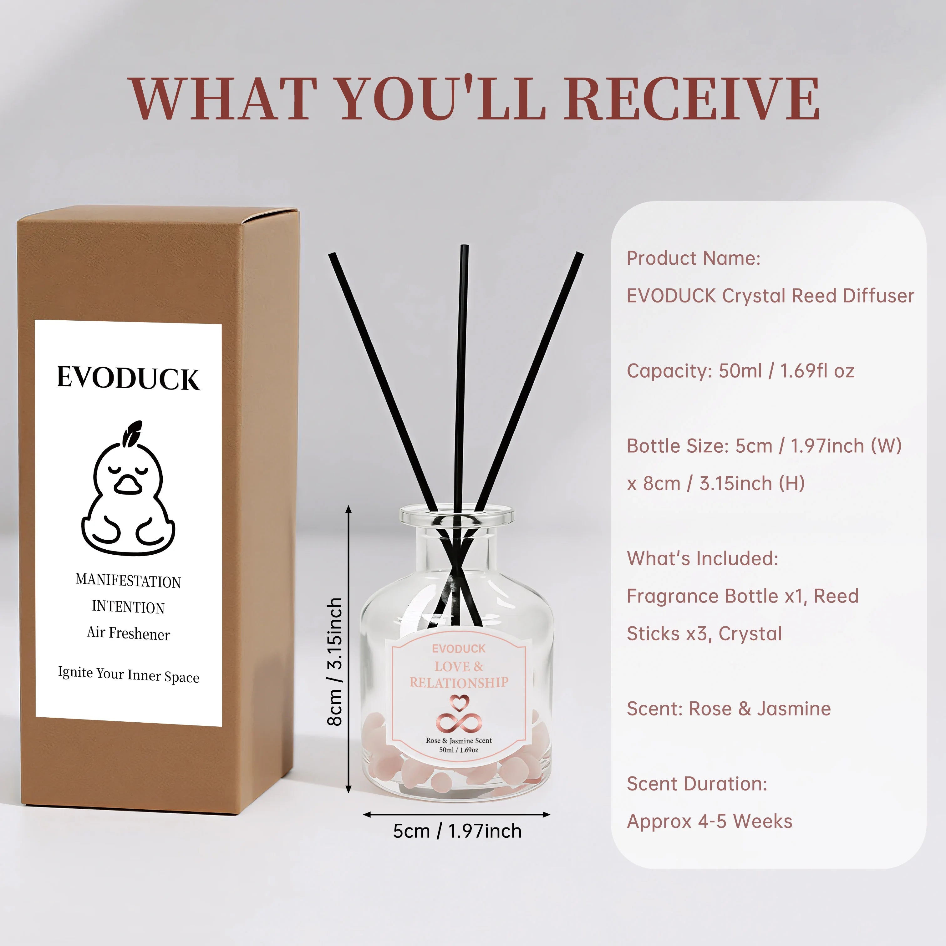 Botanical flower reed diffuser set: clear glass bottle with black reeds, 100ml