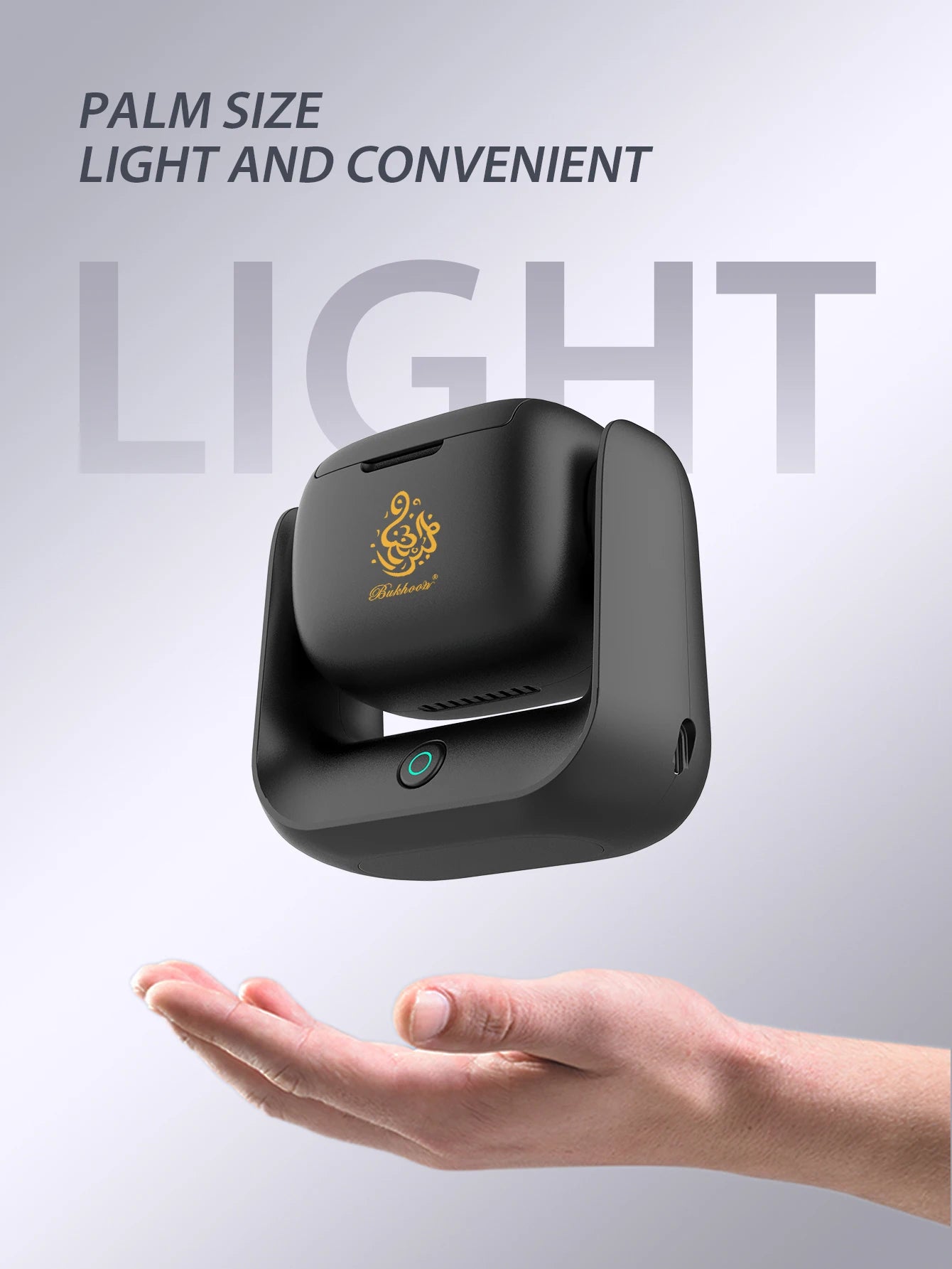 Black rotational bakhoor burner, compact palm-size design