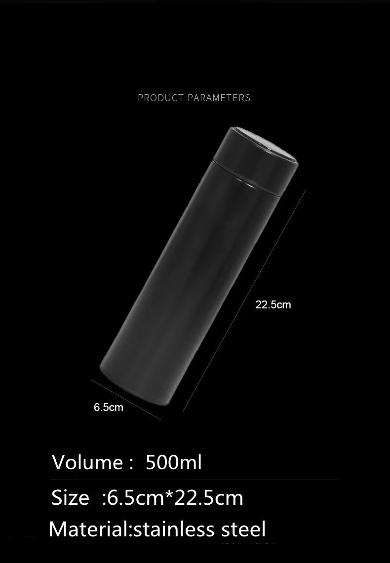Smart thermos 500ml product parameters showing size and stainless steel material