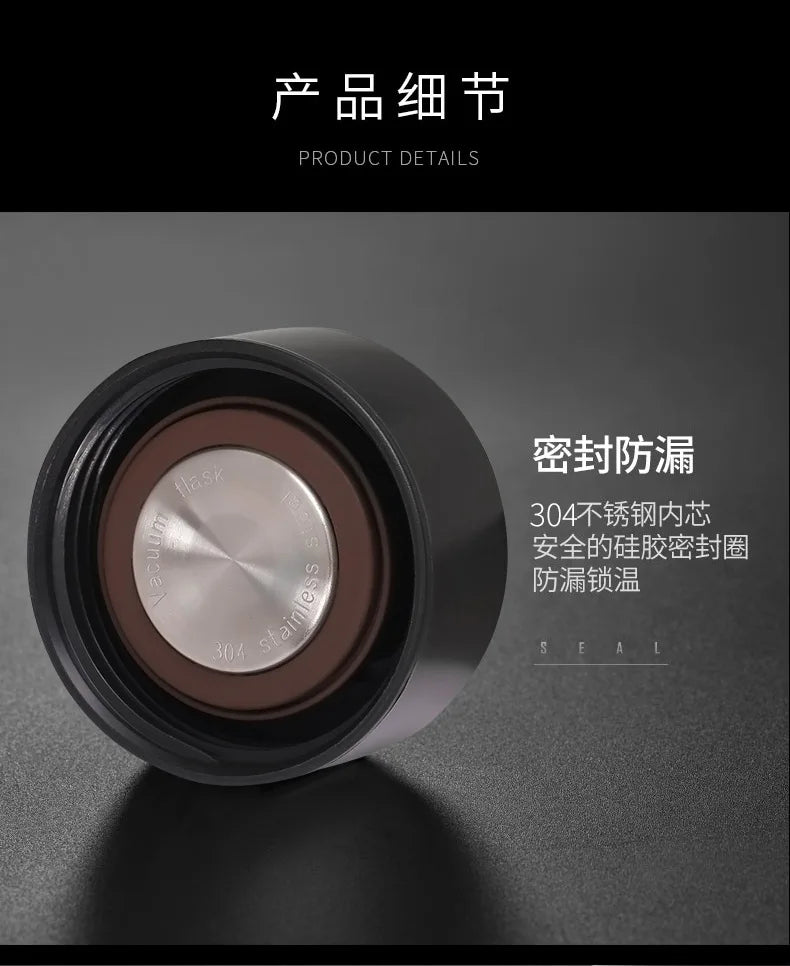 Black smart thermos lid opening with stainless steel inner liner, 500ml capacity.