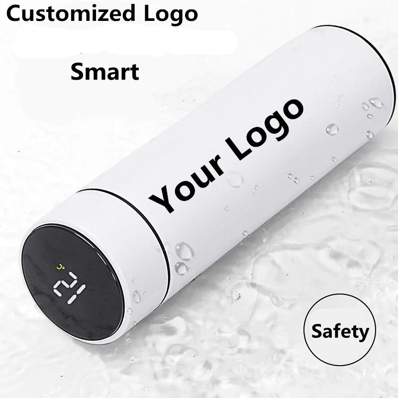 Smart thermos 500ml in white with black touch temperature display and safety icon