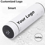 Smart thermos 500ml in white with black touch temperature display and safety icon