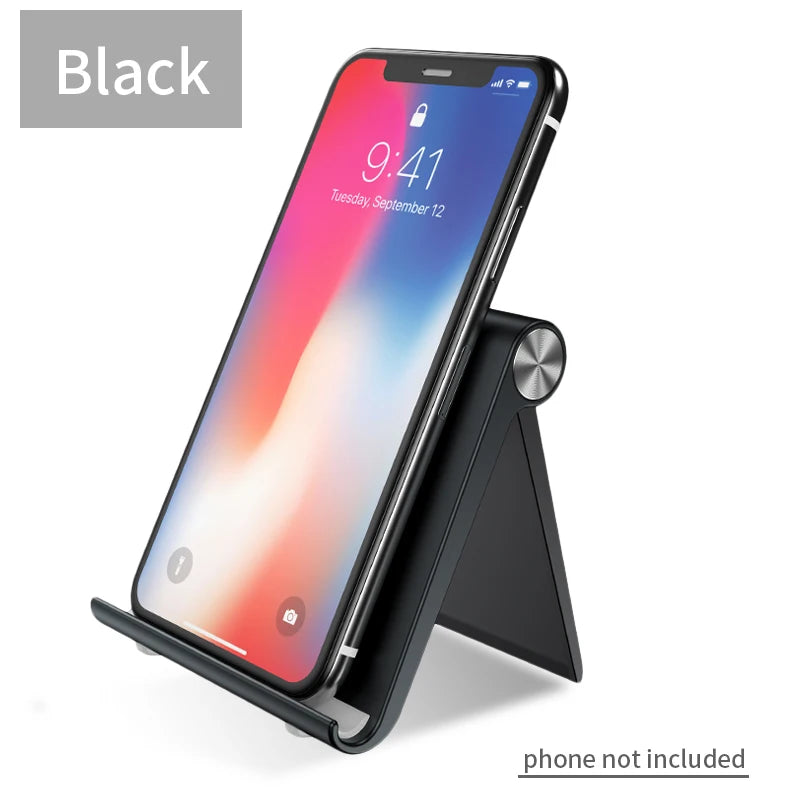Black desk phone stand, tilted support with metal round knob on the side