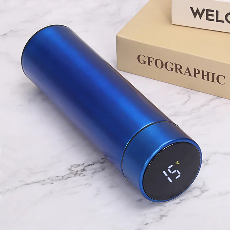 Pink smart thermos with dark base and LED temperature display, 500ml.