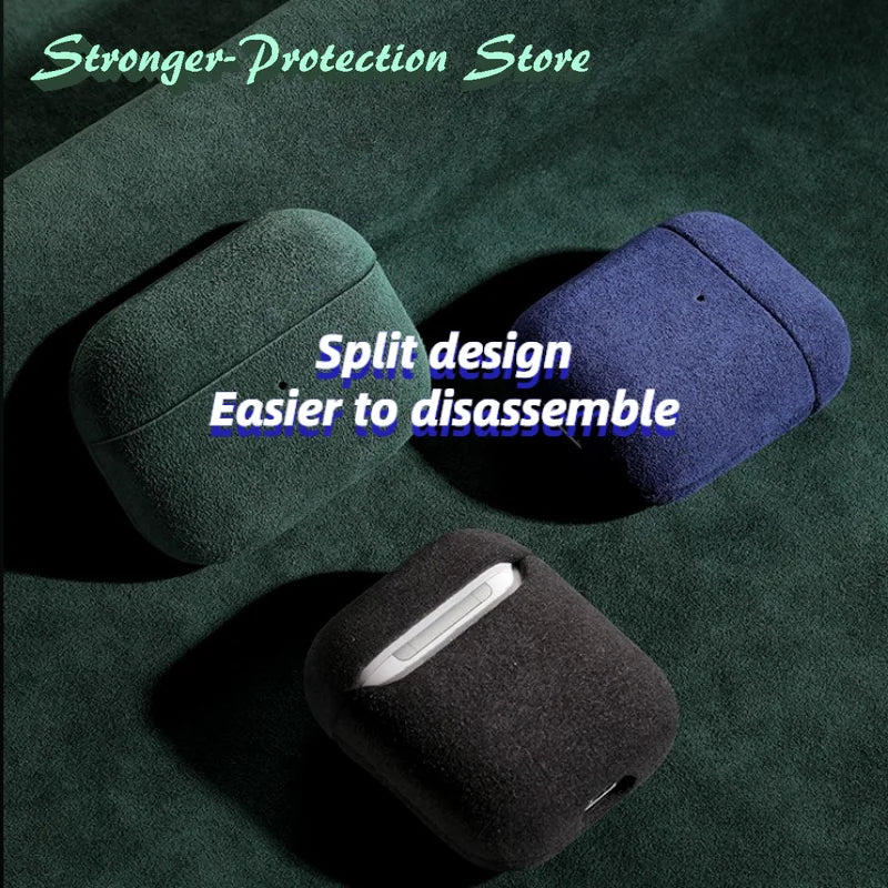 Italian suede AirPods case, Emerald Sage and Sapphire Blue split design, side-by-side