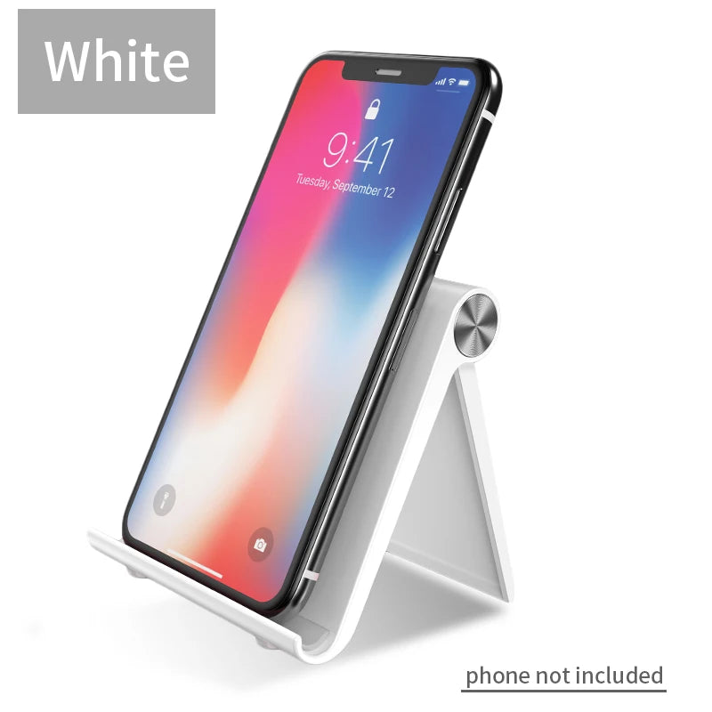 Pearl White desk phone stand, angled support with rounded metal knob on the side