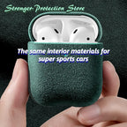 Italian suede AirPods case, Emerald Sage, front view with lid open and AirPods inside