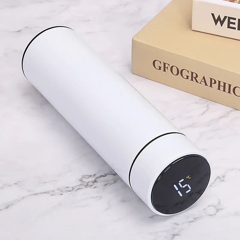 White smart thermos with round LED temperature display on the base, 500ml.