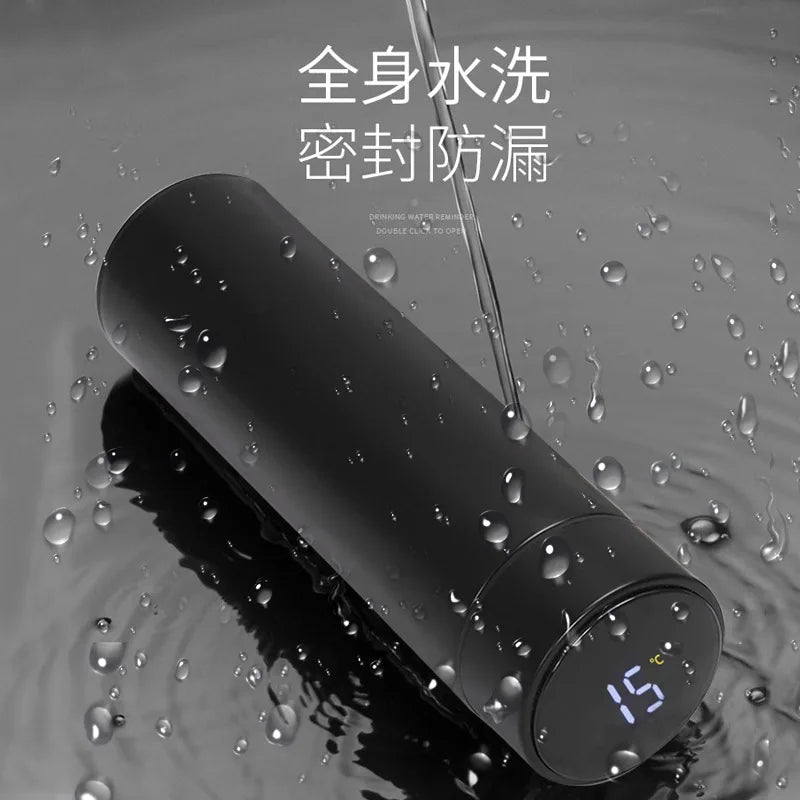 Smart thermos 500ml in black with water droplets and touch temperature display