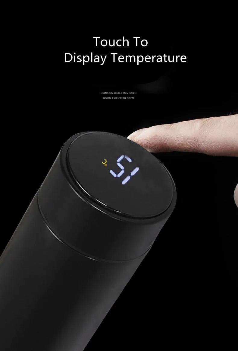 Smart thermos 500ml in black with touch temperature display and hand
