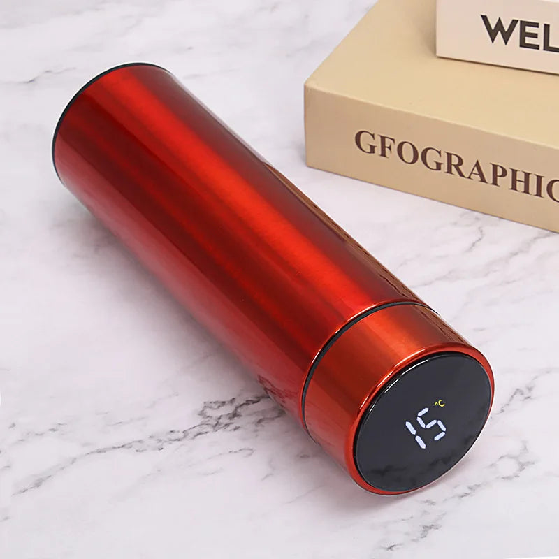 Red smart thermos with round LED temperature display on the base, 500ml.