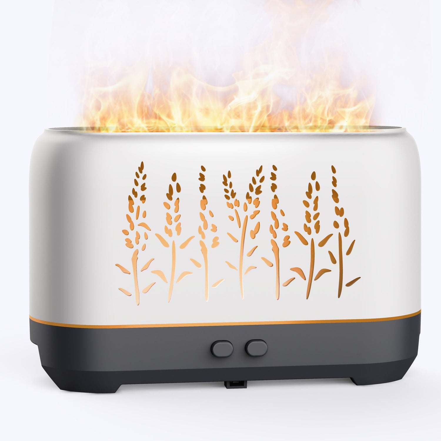 White aroma diffuser with glowing flame effect and etched tree pattern
