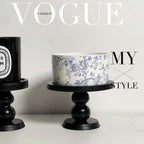 Black scent tray with pedestal stand and blue floral ceramic insert
