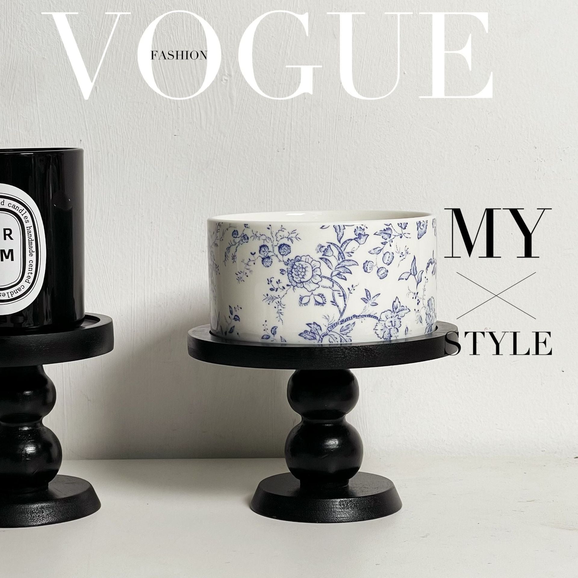 Black scent tray with pedestal stand and blue floral ceramic insert