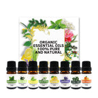 Organic essential oils gift set with 8 amber bottles; labels include peppermint and lavender.