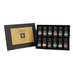 Essential oil set with black packaging and multiple dark glass bottles with printed labels.