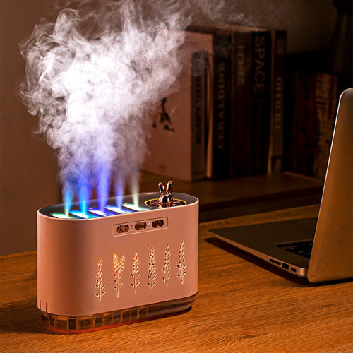 Copper aroma diffuser with mist and blue flame LEDs, bunny topper, side leaf pattern