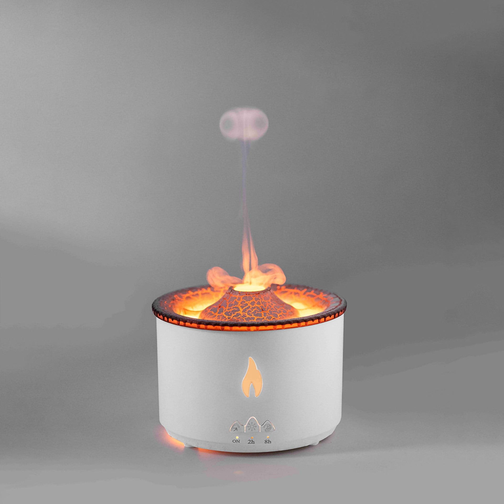 White aroma diffuser releasing orange jellyfish-style mist from the top