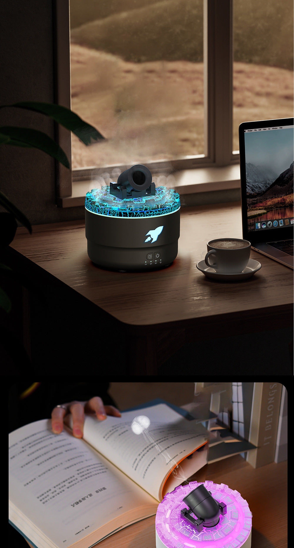 Volcano aroma diffuser with blue mist ring, black base and USB port