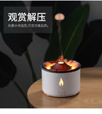 White aroma diffuser on wood surface with warm orange top ring and mist stream