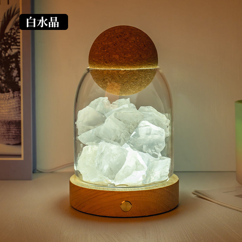 Salt stone crystal diffuser night light with white crystal pieces in glass dome on wood base