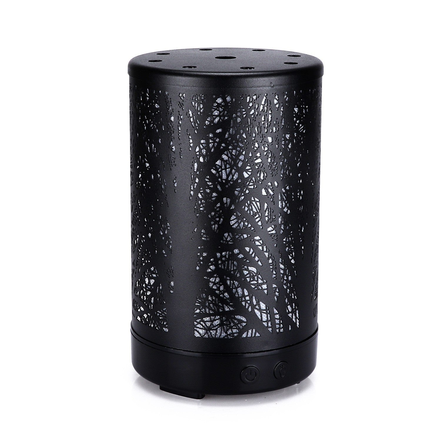 Black mini aroma diffuser with etched forest pattern, circular control buttons