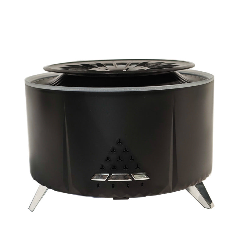 Black aroma diffuser with black top, control icons, and three-leg stand