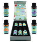 Essential oil set open box with 6 amber bottles; labels include eucalyptus, lavender, and tea tree.