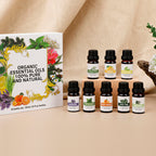Organic essential oil set in a white box with 8 bottles; includes lavender, eucalyptus, and citrus.