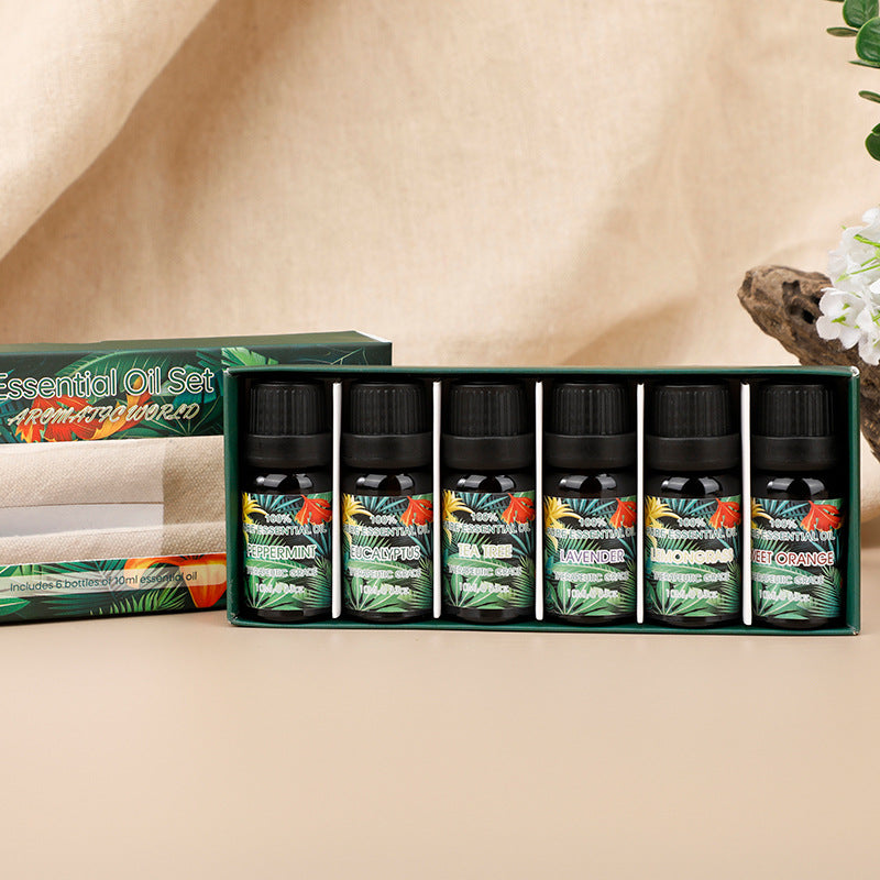 Essential oil set in a green box with 6 bottles; labels include eucalyptus and sweet orange.