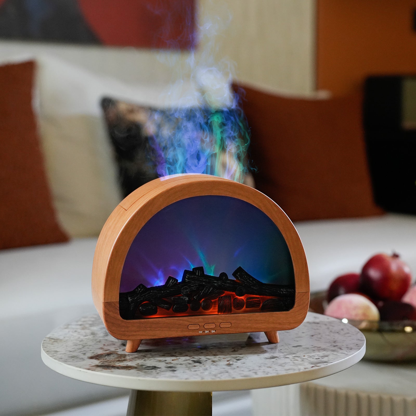 Wood-grain remote aroma diffuser with arched top and glowing ember display