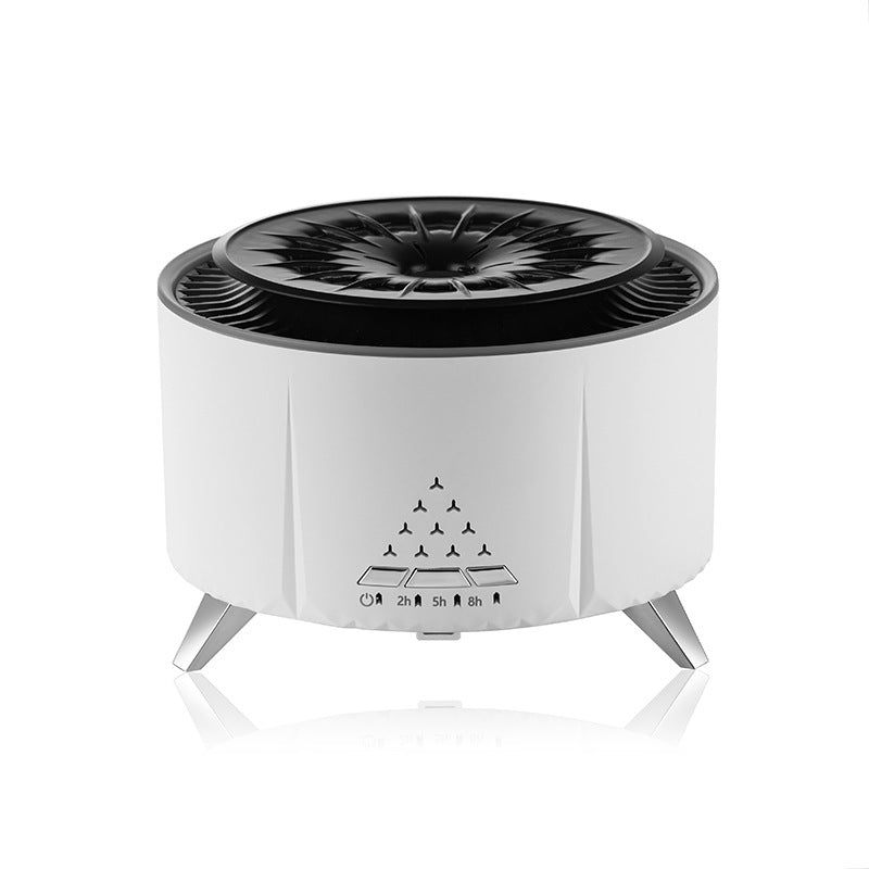 White aroma diffuser with black top and front control icon panel, three-leg stand